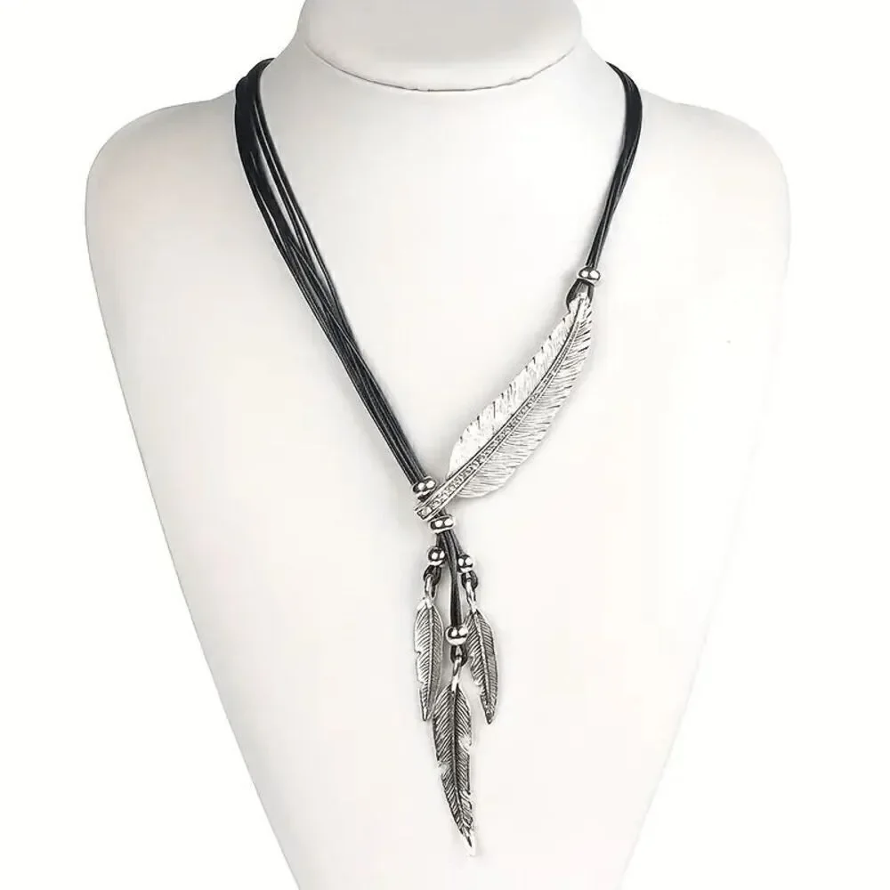 Boho Stainless Steel Feather Pendant Necklace